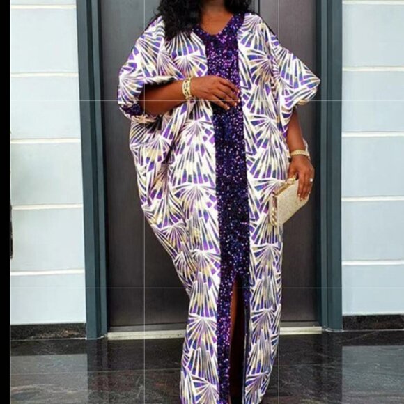 Multicolor satin Bubu dress with front slit and sequence tapered round t… - Picture 2 of 9